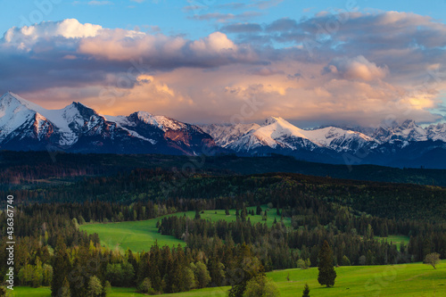 Beautiful sunset over the Tatra Mountains. Snow-capped peaks. View of the Belianske Tatras.