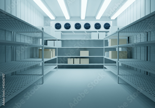 Freezer warehouse. Racks stand along the warehouse wall. Room for freezing products. Storage of goods on warehouse shelves. Air conditioners weigh on the wall of the freezer.