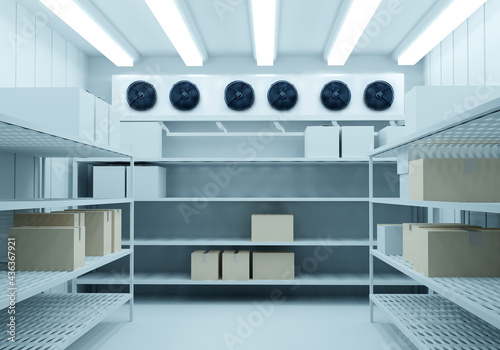 Refrigerators compartment. Warehouse with shelves for food storage. Grocery warehouse with air conditioning. Freezing of products. Stelms with shelves. Refrigeration equipment. Industrial refrigerator