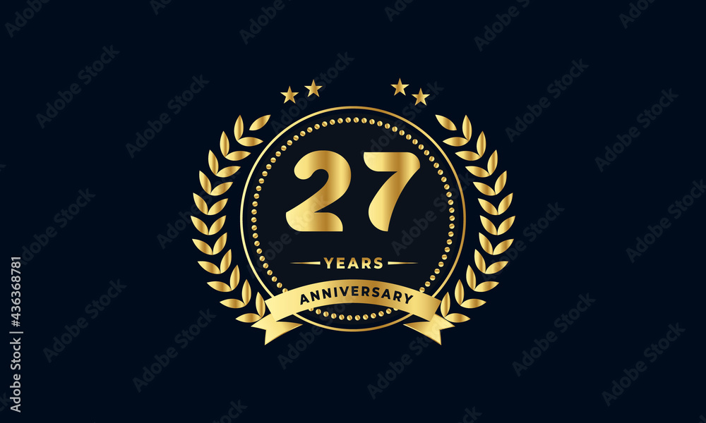 27th golden anniversary logo, with shiny ring and golden ribbon, laurel wreath isolated on navy blue background 27th golden anniversary logo, with shiny ring and golden ribbon, laurel wreath isolated on navy blue background