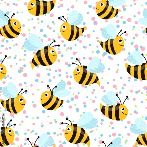 Seamless pattern with bees on white polka dots background. Small wasp. Vector illustration. Adorable cartoon character. Template design for invitation, cards, textile, fabric. Doodle style © Alla