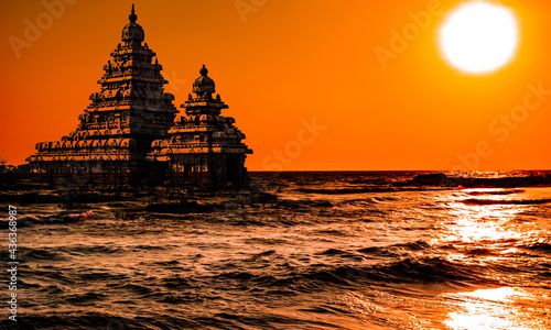 Mamallapuram Sea Shore Temple Photo Double Exposure Background Insert and Edited, Creative Editing With Vibrant Colorful background, Rare Collection Images, Best For Wallpaper and Magazine Front Cover photo