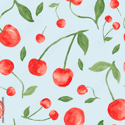 Red cherry berries - seamless pattern, watercolor painting on light blue background	