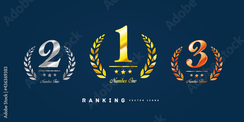 Gold, silver and bronze number1,number2,number3  ranking icon set , 1st, 2nd, 3rd photo