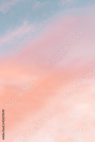 Fototapeta Naklejka Na Ścianę i Meble -  Vertical background formed by a bright pastel authentic sky during sunset. Pink, peach, blue blur elegant backdrop with empty space perfect for design . Light color gradient transitions.