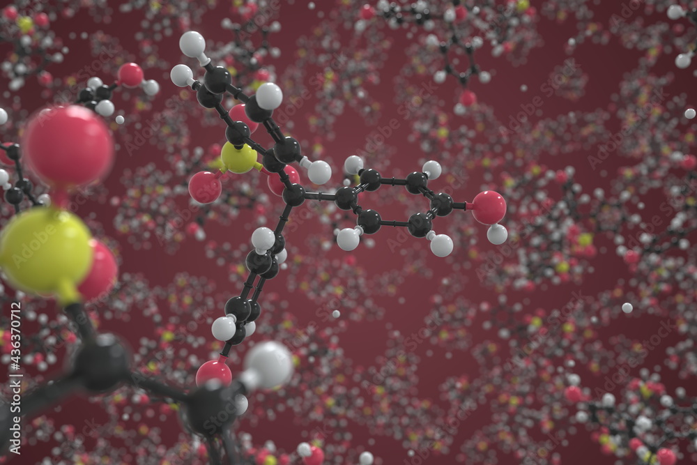 Phenol red molecule, ball-and-stick molecular model. Chemical 3d rendering Phenol red molecule, ball-and-stick molecular model. Chemical 3d rendering