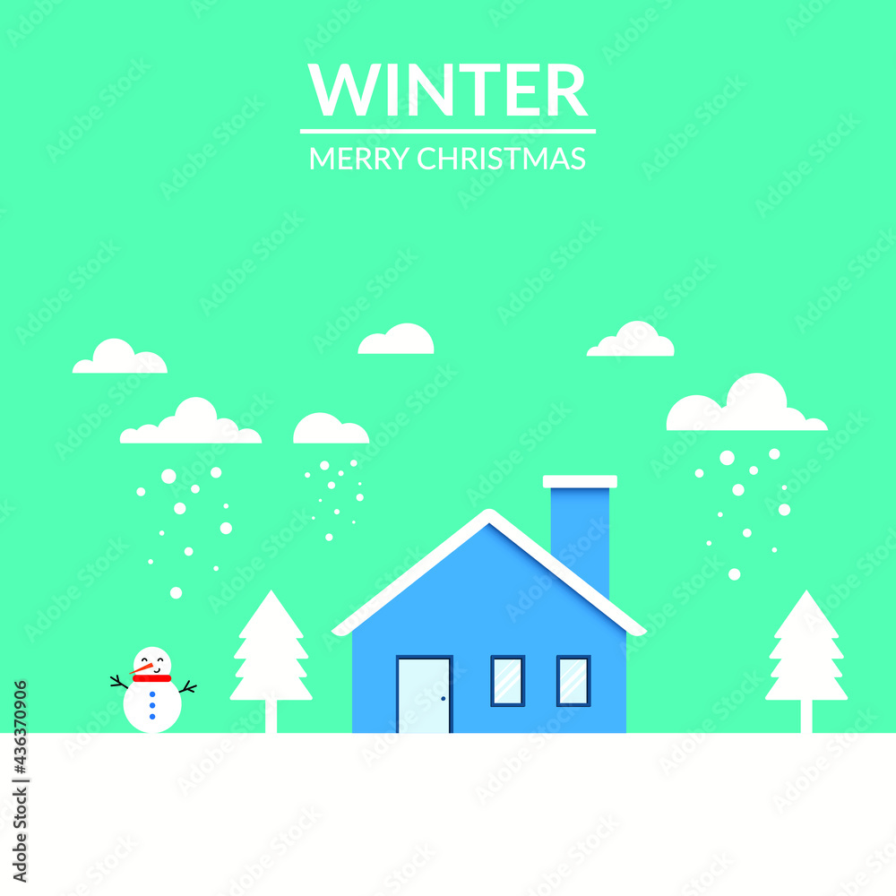 merry Christmas winter village houses landscape snowfall background flat vector illustration