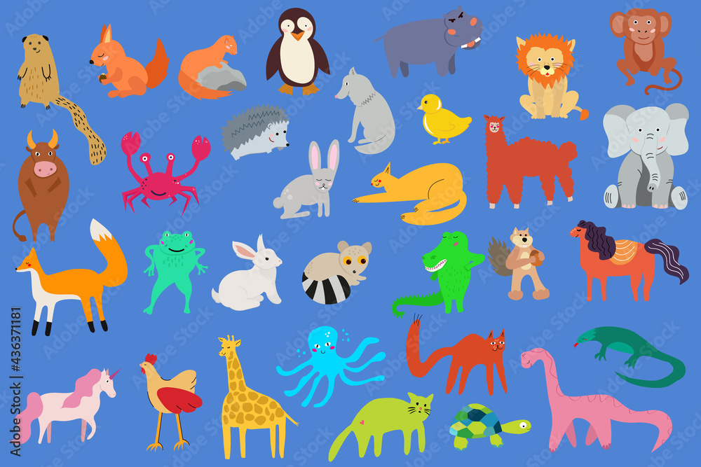 Obraz premium a large set of vector animals drawn by hand. giraffe, cat, dinosaur, beaver, fox. Animals for children's books, postcards, clothes