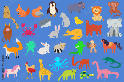a large set of vector animals drawn by hand. giraffe, cat, dinosaur, beaver, fox. Animals for children's books, postcards, clothes