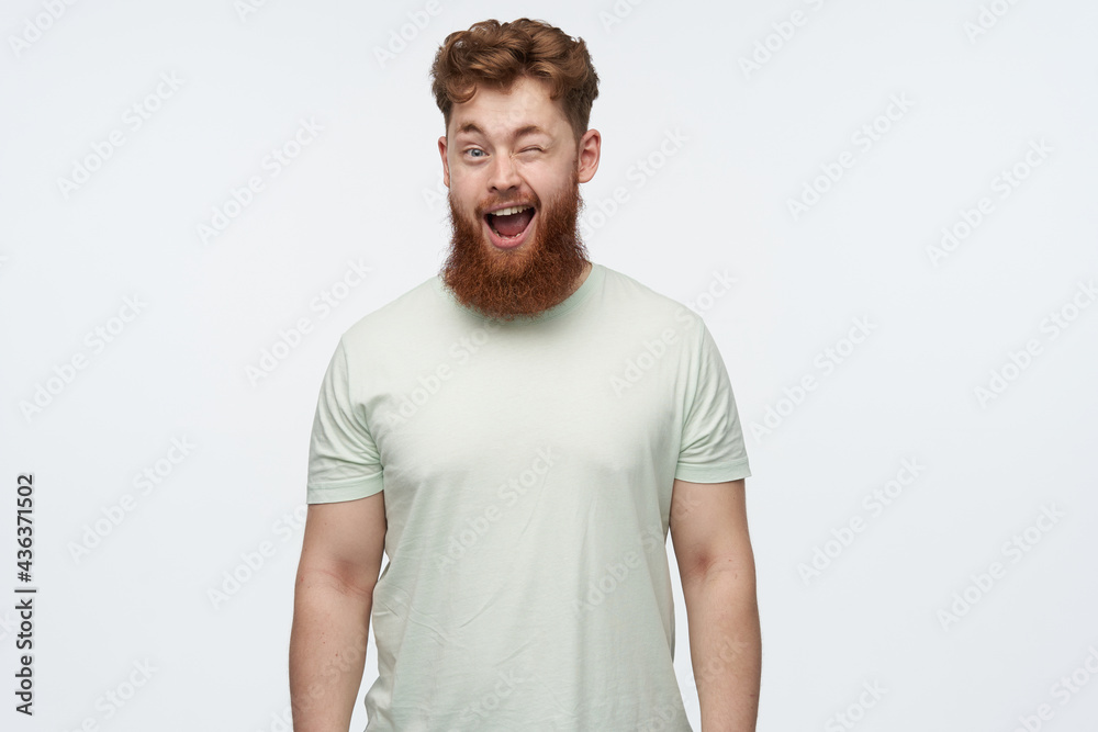 studio shot of young redhead bearded guy wears blank t-shirt, feels happy, smiling bradly and wink. Isolated over white background