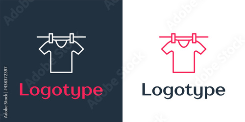 Logotype line Drying clothes icon isolated on white background. Clean shirt. Wash clothes on a rope with clothespins. Clothing care and tidiness. Logo design template element. Vector