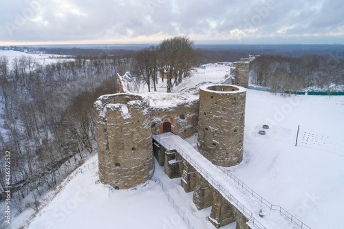 View of the ancient Koporye fortress on a cloudy February day (shot from a quadcopter). Leningrad region, Russia photo