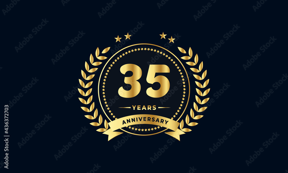 Naklejka premium 35th golden anniversary logo, with shiny ring and golden ribbon, laurel wreath isolated on navy blue background