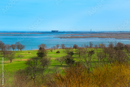 A distance view of Jones Beach from Norman J. Levy Park and Preserve, Merrick, New York