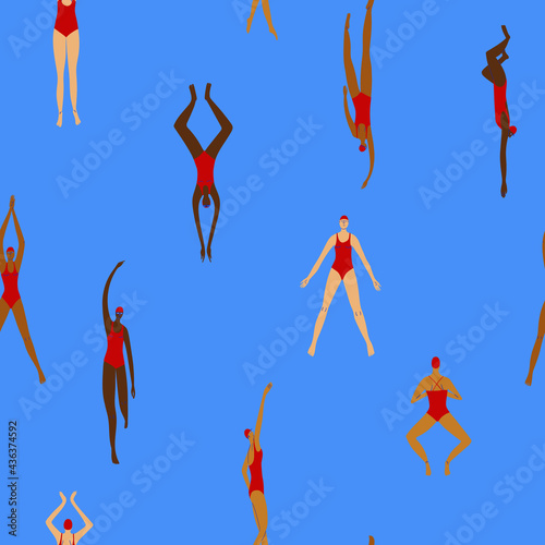 Colorful seamless pattern with girl swimmers