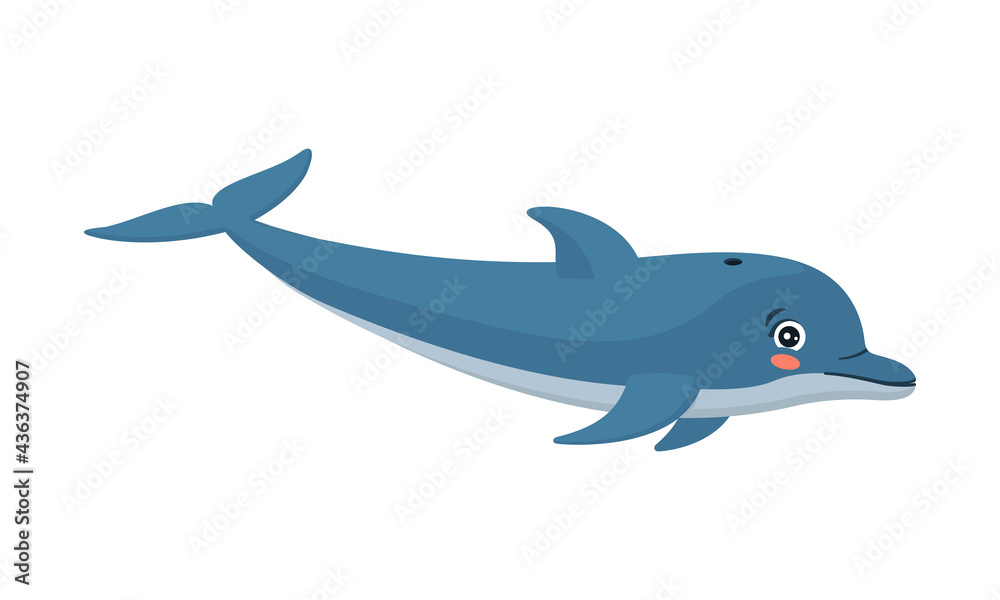 Fototapeta premium Cartoon cute dolphin. Blue mammal character with kawaii eyes. Color vector illustration. White isolated background.