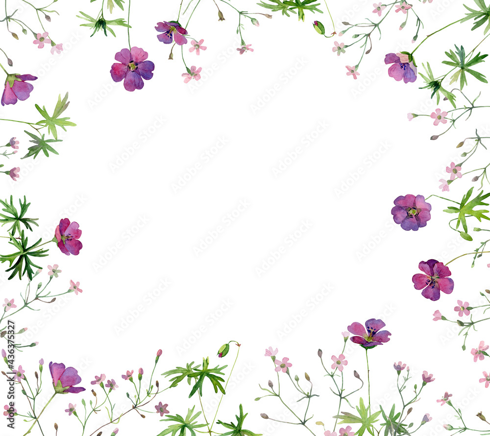 Watercolor frame of pink wildflowers on white background