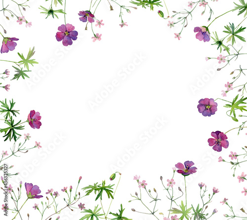 Watercolor frame of pink wildflowers on white background