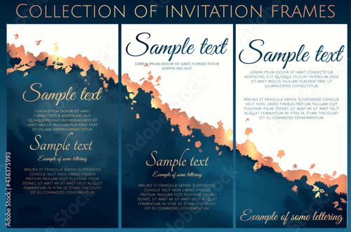 vector collection of luxury invitation with watercolor blue texture and gold rough border