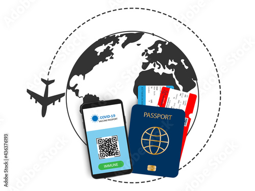 Passport with tickets and vaccination certificate. Smartphone immunity passport with airplane tickets inside.Vacation and travel concept .World map,flying airplanes,vacation concept