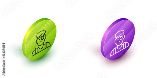 Isometric line Jeweler man icon isolated on white background. Green and purple circle buttons. Vector
