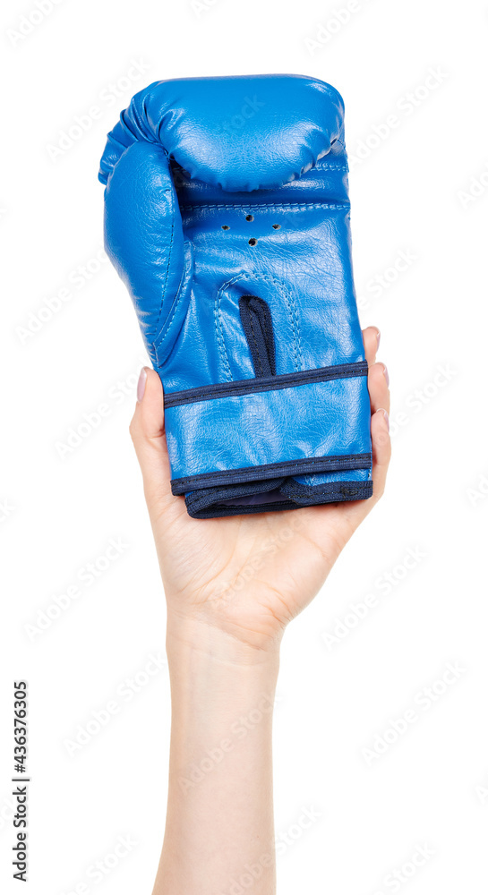 Hand with blue boxing gloves isolated on white background