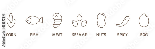 Allergen line icon set. Spicy, fish, egg, corn, nuts, meat, sesame free badges. Allergy warning ingredients. Vegetarian label. Eco, bio. Healthy food. Vector illustration