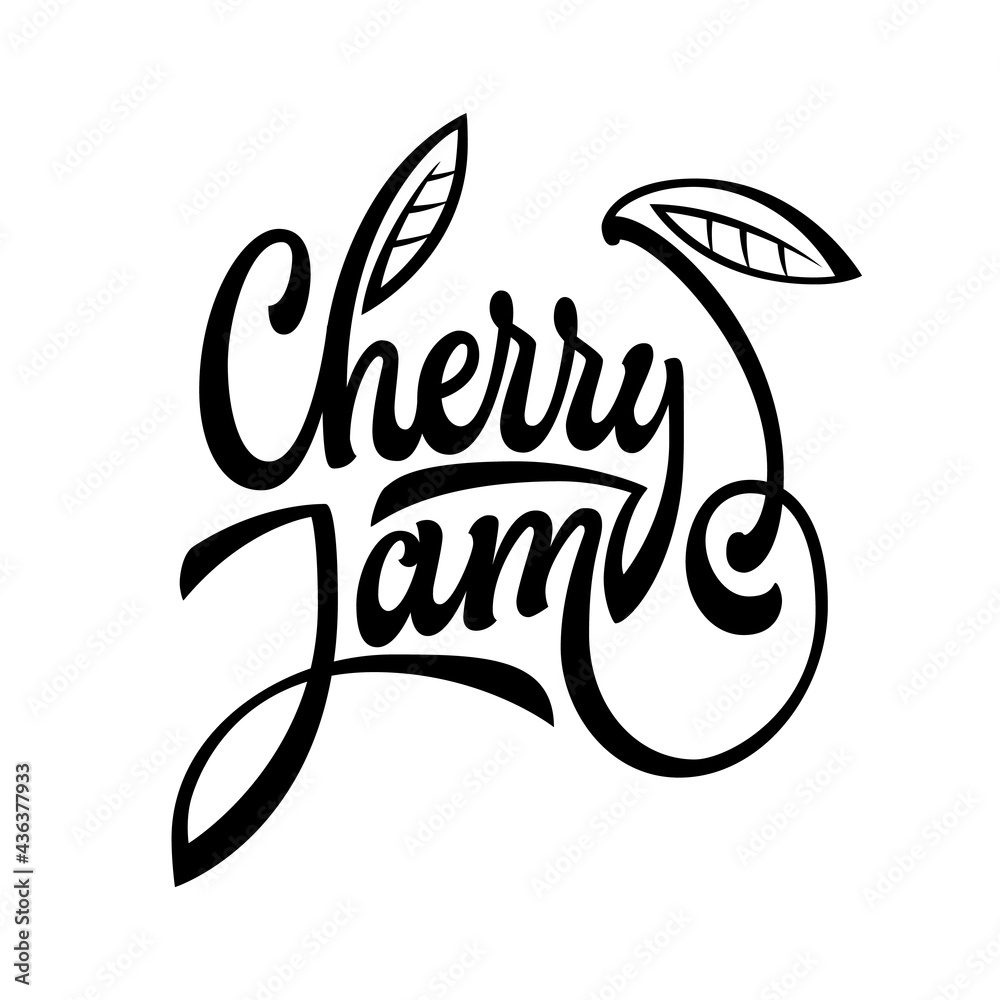 Fototapeta premium Cherry jam - hand deawn script style lettering logo with fluorishes berry icon. Jam jar design element for label, home made jam stickers, cafe season sweets.