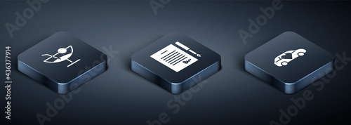 Set Isometric Cocktail, Limousine car and Marriage contract icon. Vector
