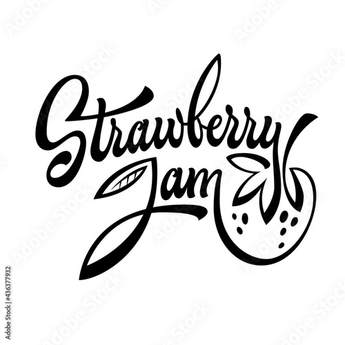 Cherry jam - hand deawn script style lettering logo with fluorishes berry icon. Jam jar design element for label, home made jam stickers, cafe season sweets.