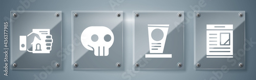 Set Obituaries, Grave with tombstone, Skull and Death certificate in hand. Square glass panels. Vector