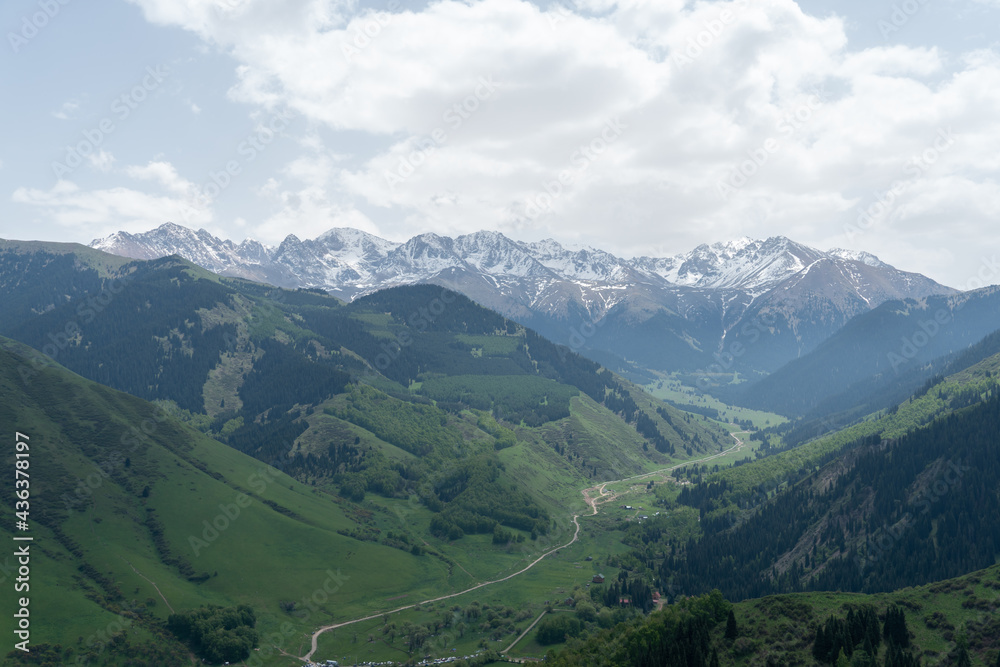 Endless steppe in the valley at the foot of the mountains, bathed in bright sunlight. Amazing view on green mountains. mountain, covered with green trees, under a blue sky with clouds. Endless steppe in the valley at the foot of the mountains, bathed in bright sunlight. Amazing view on green mountains. mountain, covered with green trees, under a blue sky with clouds.