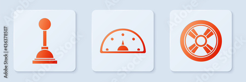 Set Speedometer, Gear shifter and Car wheel. White square button. Vector