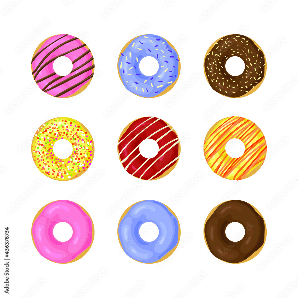 Vector set of Donuts isolated on white background, illustrations, different colorful donuts.
Vector set of Donuts isolated on white background, illustrations, different colorful donuts.