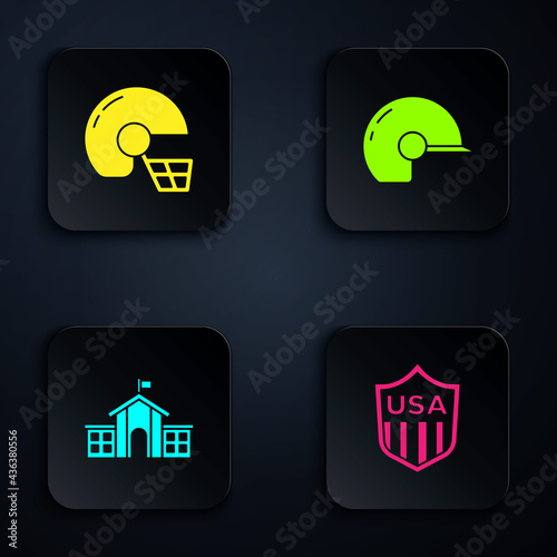 Set Shield with stars, American football helmet, United States Capitol Congress and Baseball. Black square button. Vector