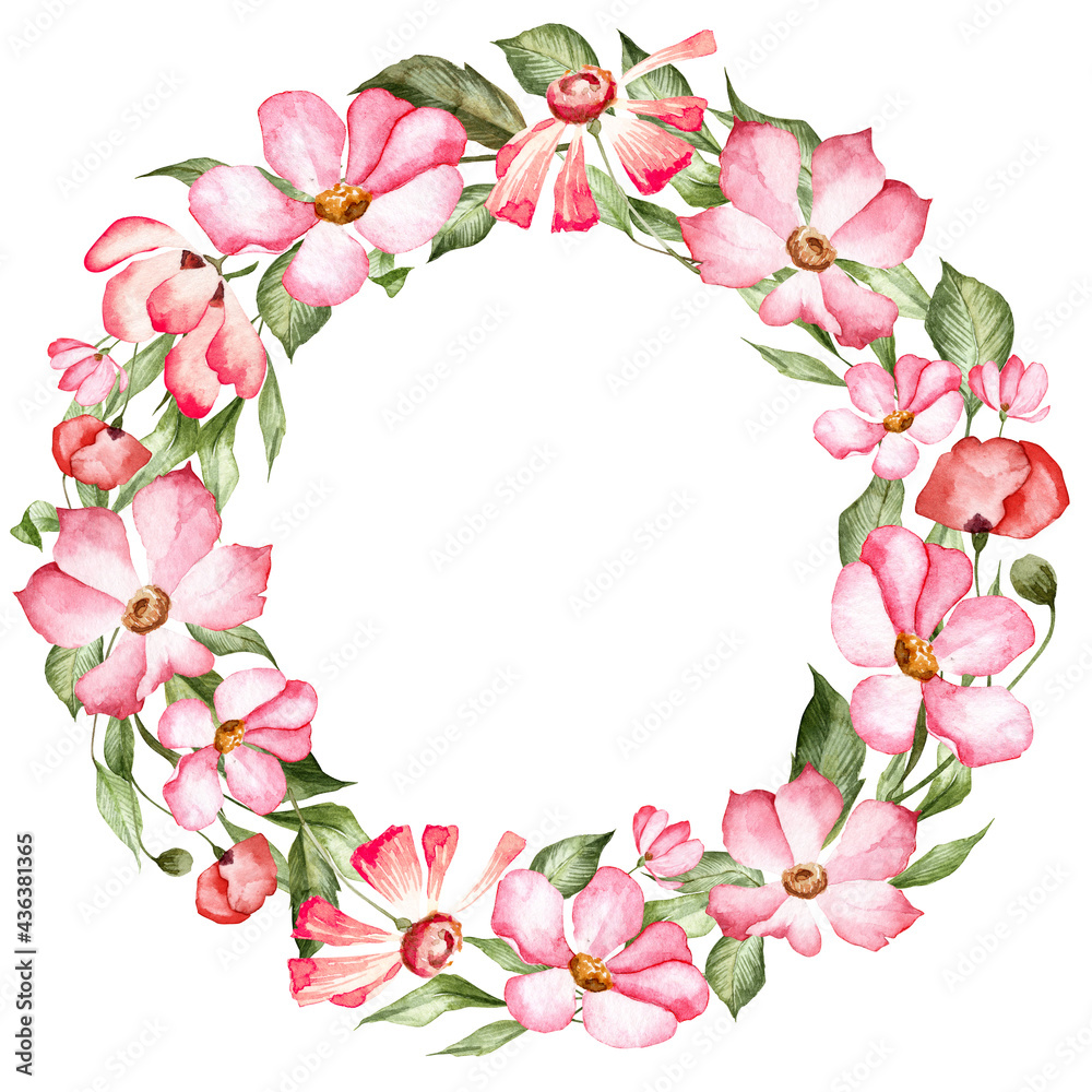 Floral wreath with hand painted watercolor pink flowers and green leaves	