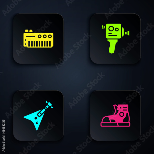 Set Sport sneakers, Music synthesizer, Electric bass guitar and Retro cinema camera. Black square button. Vector