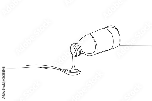 Continuous one line of cough remedy pouring one dose into spoon from bottle of medicine syrup in silhouette. Linear stylized.Minimalist.