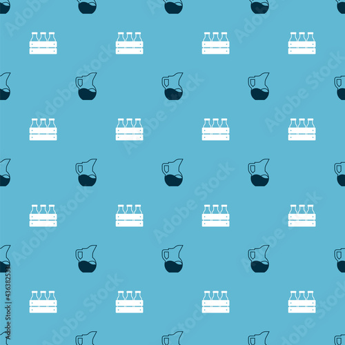 Set Milk jug or pitcher and Bottled milk in wooden box on seamless pattern. Vector