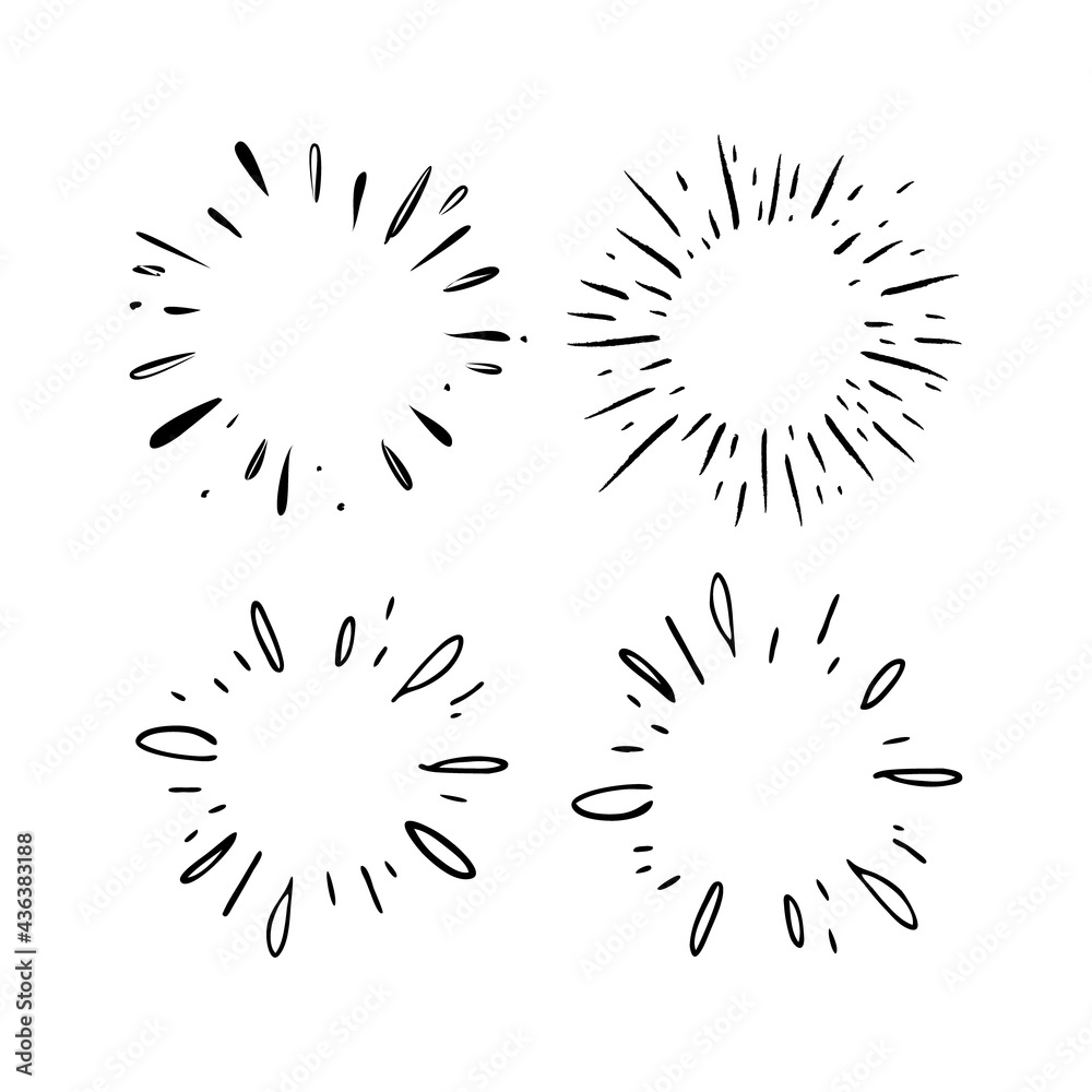 Fototapeta premium Star burst hand drawn doodles. Sunburst graphic design set. Handmade radial starburst illustrations.