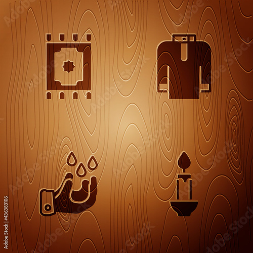 Set Burning candle, Traditional carpet, Wudhu and Shirt kurta on wooden background. Vector