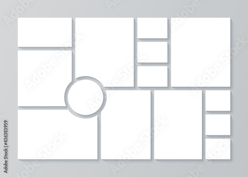 Photo collage template. Moodboard. Vector. Pictures grid. Blank moodboard background. Mosaic frames. Photography album layout. Horizontal design of montage mockup. Simple illustration.