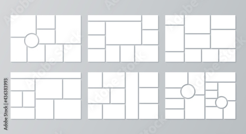 Moodboard template. Photo collage grid. Vector. Mood board design with circle. Set mosaic frames. Horizontal design of montage mockup. Photography album layout. Minimalistic simple illustration