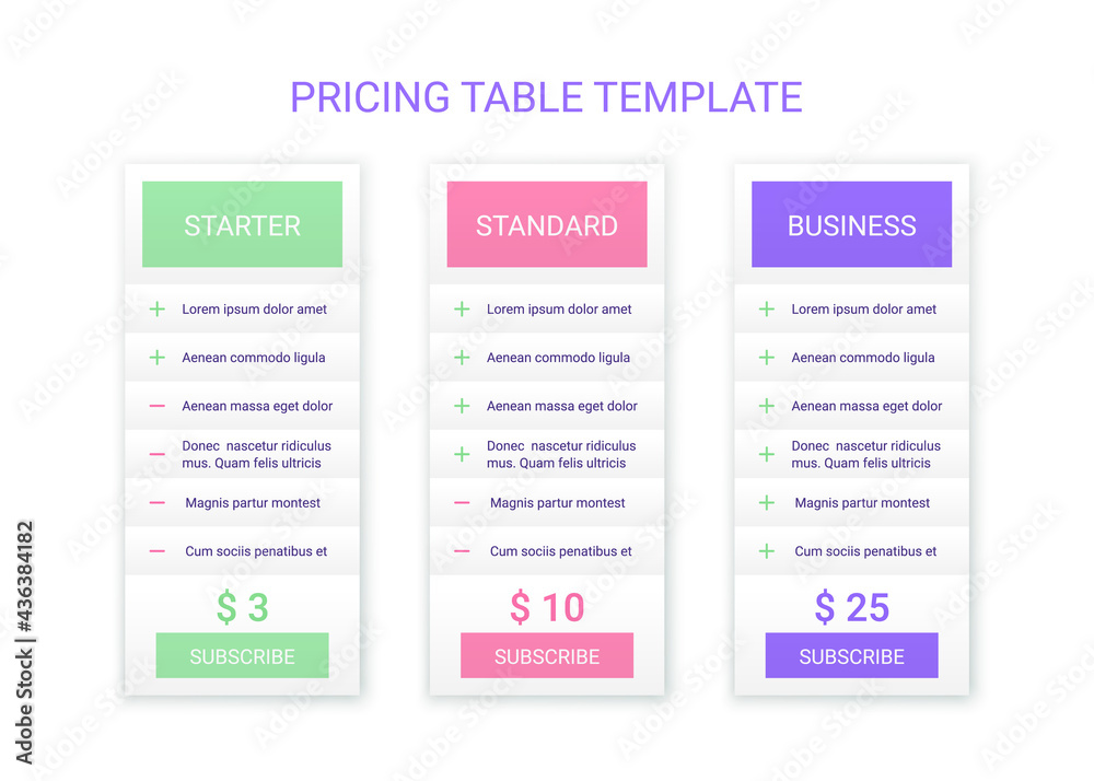 Price table plans. Pricing chart template. Vector. Comparison data grid. Spreadsheet page with 3 columns. Comparative spreadsheets with options. Checklist compare tariff banner. Simple illustration.