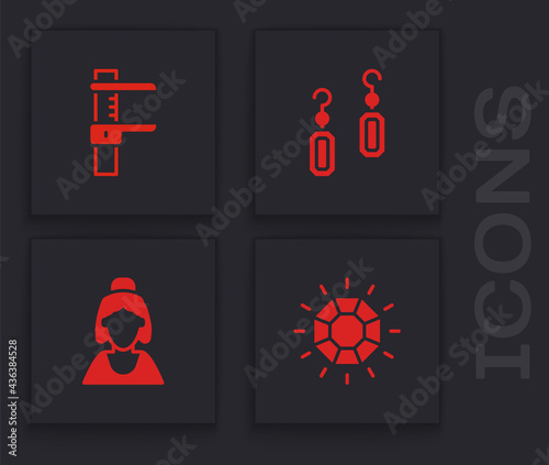 Set Diamond, Calliper or caliper and scale, Earrings and Consultant of jewelry store icon. Vector