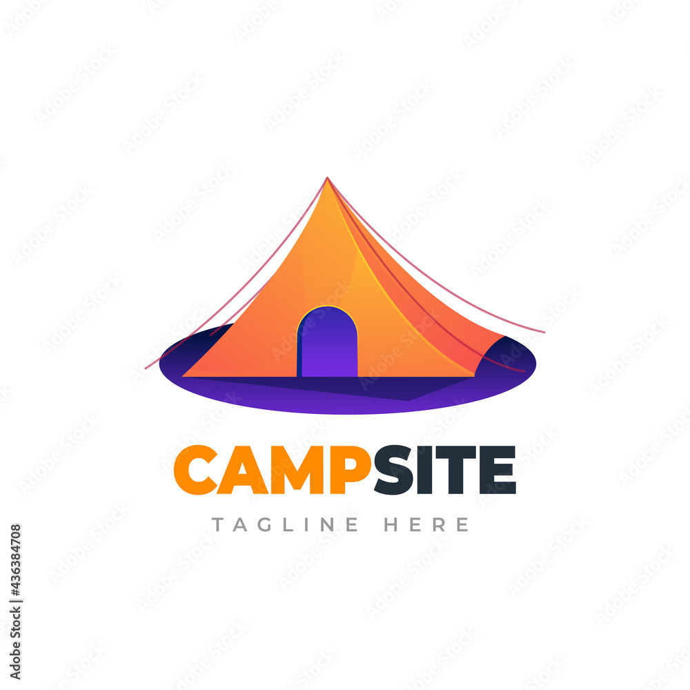 Fototapeta premium Camp site logo. Outdoor adventure and camping gradient logo template