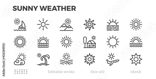 Sunny weather, sun icons. Summer vacation. Sunrise and sunset. Vector pixel perfect icons.