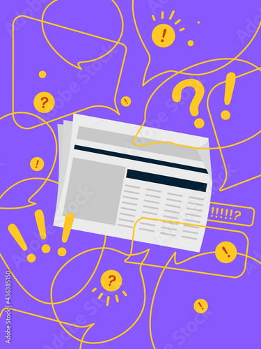 Newspaper update, flat vector concept with speech bubbles isolated on bright contrast yellow and violet background. Urgent news, information overload, messaging, alerts and communication.