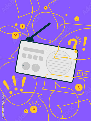 News update, flat vector concept with speech bubbles isolated on bright  contrast yellow and violet background. Urgent news, information overload, messaging, alerts and communication. Radio podcast.