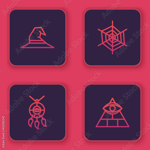 Set line Witch hat, Dream catcher with feathers, Spider web and Masons. Blue square button. Vector